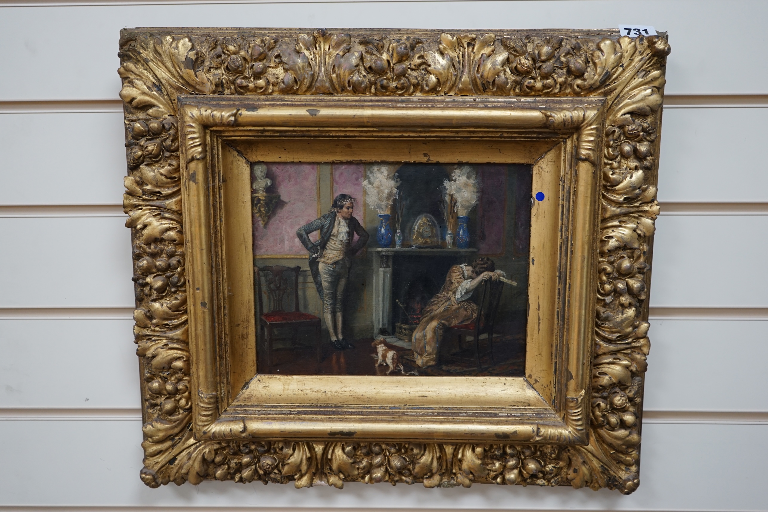 John Ward Dunsmore (American, 1856-1945), oil on panel, ‘A Refusal’, signed, 29 x 25cm, ornate gilt framed. Condition - fair to good